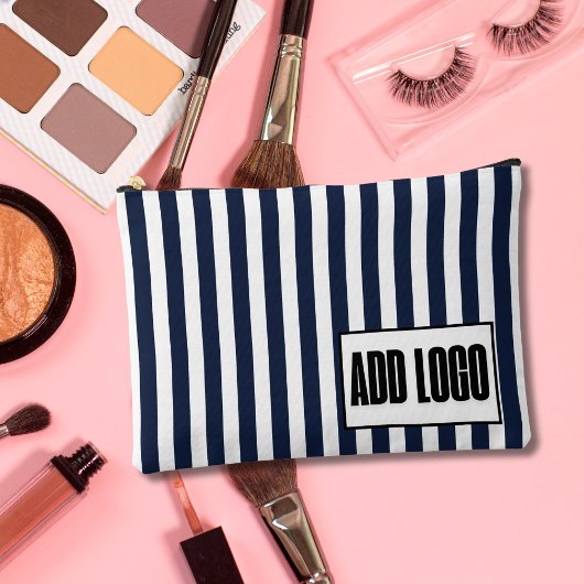ミニマルなネイビーブルーストライプホワイトのビジネスロゴ アクセサリーポーチ
