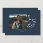 ミニマルなネイビーブルー書道写真結婚の セーブザデート (正面/裏面)
