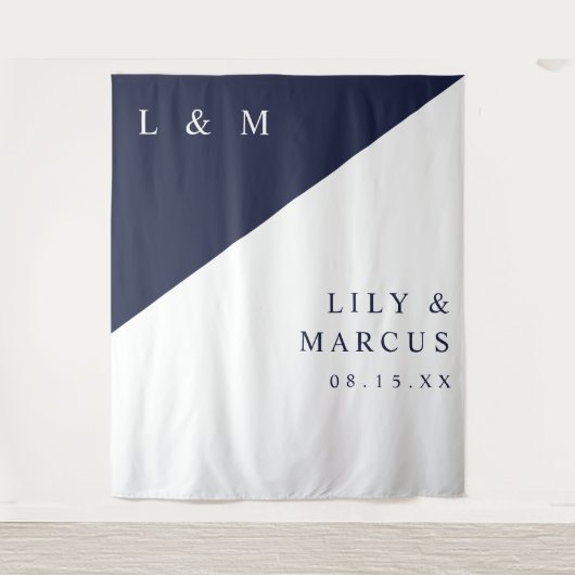 ミニマルなネイビーブルー結婚ホワイトの写真背景 タペストリー (正面)