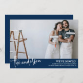 ミニマルなネイビーモダンブルームービングに移行 案内状 (正面/裏面)