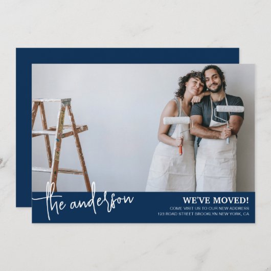 ミニマルなネイビーモダンブルームービングに移行 案内状 (正面/裏面)