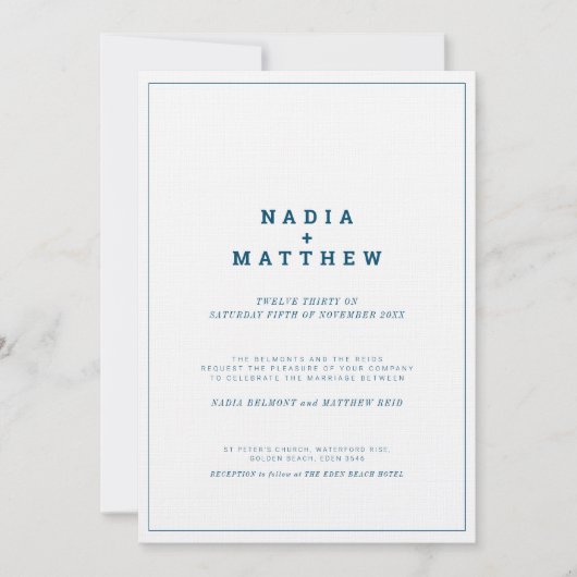 ミニマルなネイビー青と白の文字写真結婚の 招待状 (正面)