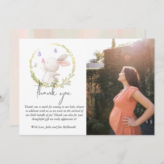 ミニマルなバニーと蝶の赤ちゃんシャワー写真 サンキューカード (正面/裏面)