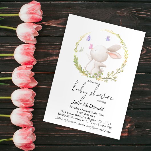 ミニマルなバニーと蝶の赤ちゃんシャワー 招待状