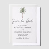 ミニマルなパームツリーウェディング日付を保存 ベラム紙招待状 (オフセット)