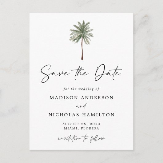 ミニマルなパームツリーウェディング日付を保存 案内ポストカード (正面)