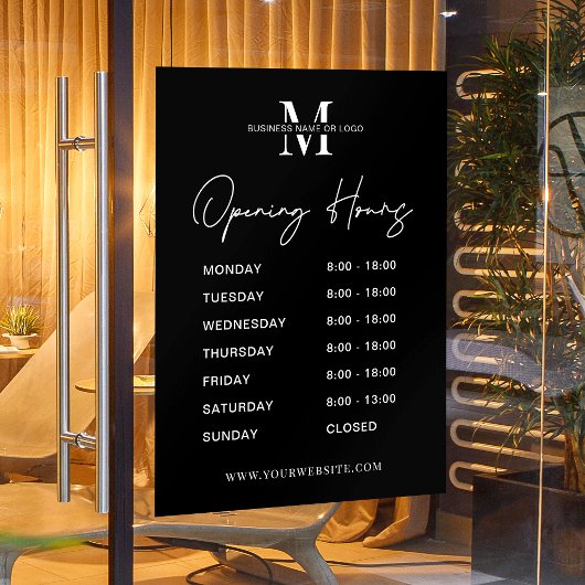 ミニマルなビジネスロゴ白黒の営業時間 ウィンドウサイン