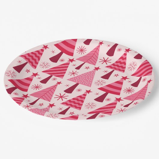 ミニマルなピンクと赤のクリスマスツリーパターン ペーパープレート (アングル)