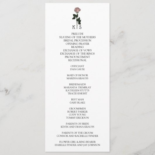 ミニマルなピンクのローズモノグラム結婚ズ プログラム (正面)