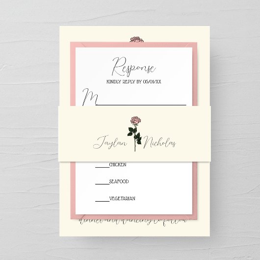 ミニマルなピンクのローズモノグラム結婚ズ 招待状ベリーバンド