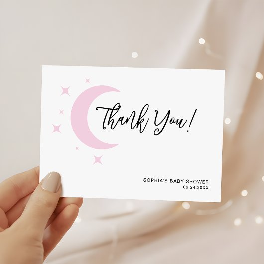 ミニマルなピンクの月と星ベビーガールシャワー サンキューカード