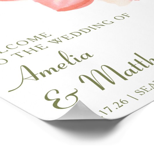 ミニマルなピンクの水色のフローラ結婚の歓迎 ポスター (角)