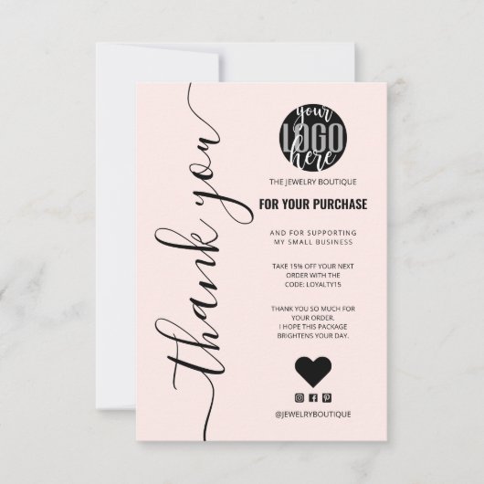 ミニマルなピンクの署名スクリプトの順序ありがとう サンキューカード (正面)
