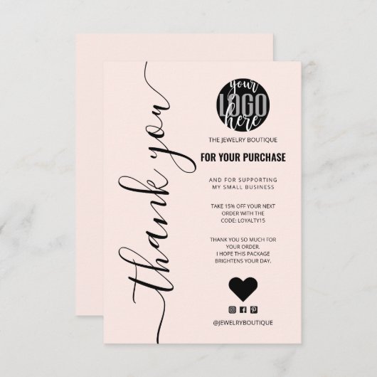 ミニマルなピンクの署名スクリプトの順序ありがとう サンキューカード (正面/裏面)