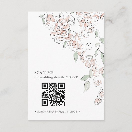 ミニマルなピンクの花のQRコード結婚式RSVP エンクロージャーカード (正面)