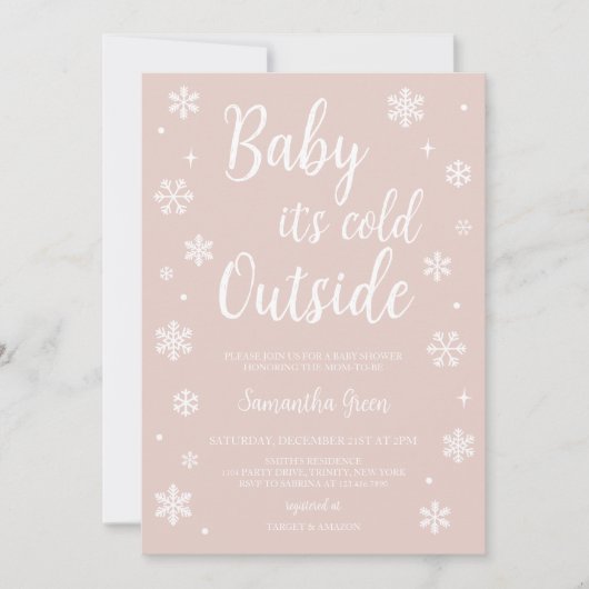 ミニマルなピンクベビーベビーシャワー外は寒い 招待状 (正面)