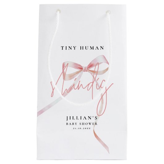 ミニマルなピンクボウ小さな人間Shindig赤ちゃんシャワー スモールペーパーバッグ (正面)