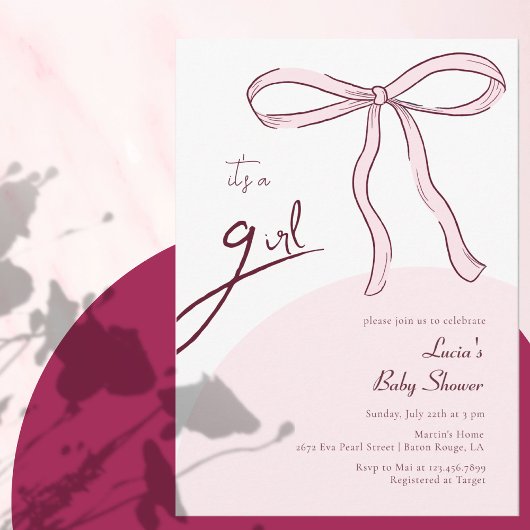 ミニマルなピンクリボン 女の子のベビーシャワー 招待状