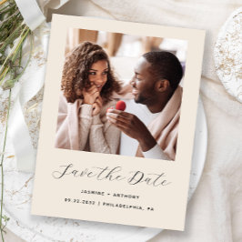 ミニマルなフォトスクリプ卜ベージュの結婚式日程お知らせ 案内ポストカード
