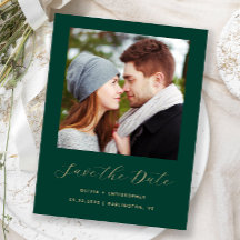 ミニマルなフォト エメラルドグリーン ゴールドの結婚式日程事前通知