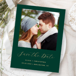 ミニマルなフォト エメラルドグリーン ゴールドの結婚式日程事前通知 案内ポストカード