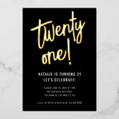 ミニマルなブラシスクリプトブラック金ゴールド21歳 箔招待状 (正面)