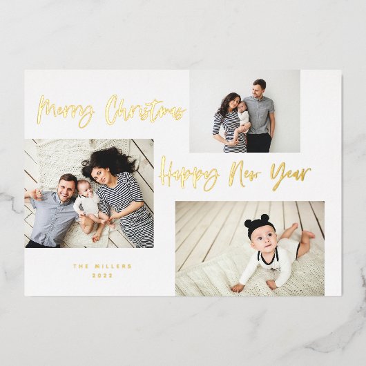 ミニマルなブラシスクリプト3コラージュ写真 箔シーズンカード (正面)