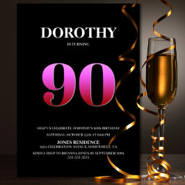 ミニマルなブラックとピンクの90歳の誕生日パーティー 招待状