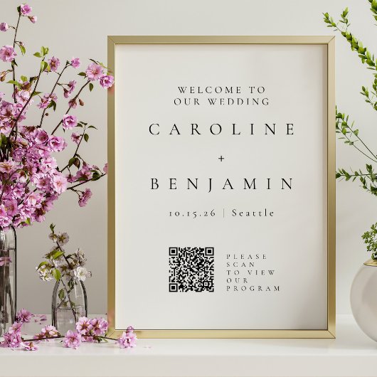 ミニマルなブラックとホワイトの結婚式プログラムQRコード ポスター