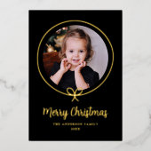 ミニマルなブラックと金ゴールドのリボン写真 箔シーズンカード (正面)