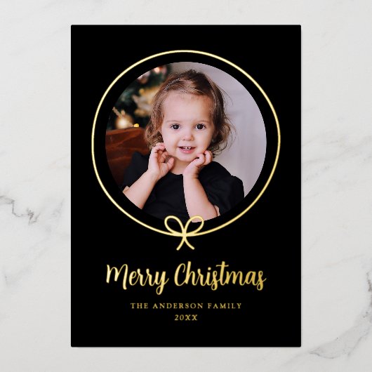 ミニマルなブラックと金ゴールドのリボン写真 箔シーズンカード (正面)