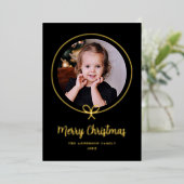 ミニマルなブラックと金ゴールドのリボン写真 箔シーズンカード (立ち正面)