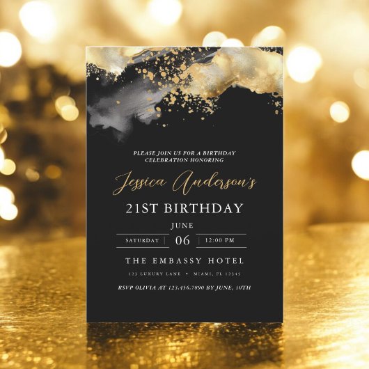 ミニマルなブラックと金ゴールドスクリプト21st誕生日 招待状