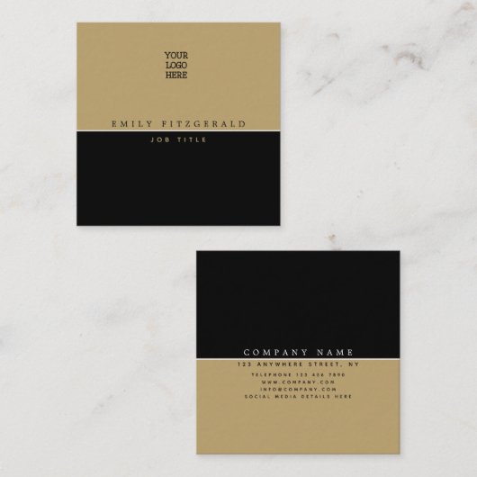 ミニマルなブラックと金ゴールドタイポグラフィ/あなたのロゴ スクエア名刺 (正面/裏面)