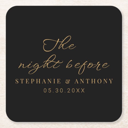 ミニマルなブラックと金ゴールド前夜結婚の スクエアペーパーコースター (正面)
