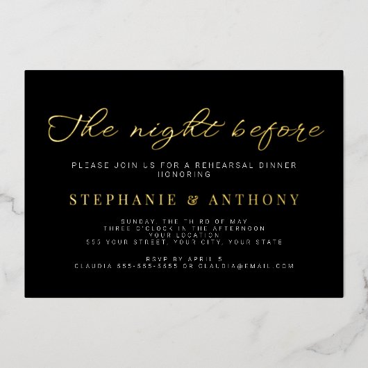 ミニマルなブラックと金ゴールド前夜結婚の 箔招待状 (正面)