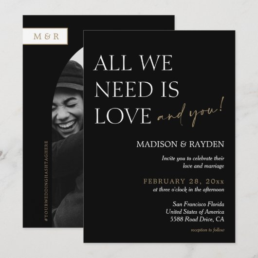 ミニマルなブラックと金ゴールド結婚フォト 招待状 (正面/裏面)