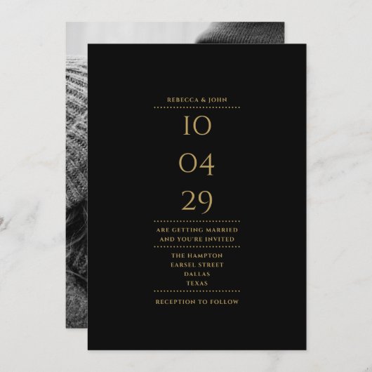 ミニマルなブラックと金ゴールド結婚写真の日付 招待状 (正面/裏面)