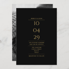 ミニマルなブラックと金ゴールド結婚写真の日付 招待状