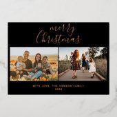 ミニマルなブラックのメリークリスマススクリプトファミリーフォト 箔シーズンカード (正面)