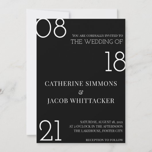 ミニマルなブラックシルバー ホワイト ウェディング 招待状 (正面)