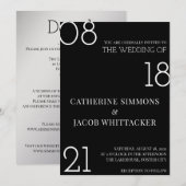 ミニマルなブラックシルバー ホワイト ウェディング 招待状 (正面/裏面)