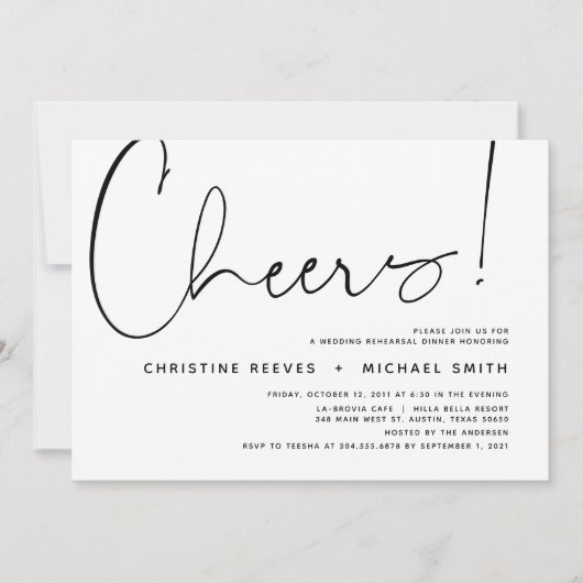 ミニマルなブラックスクリプト結婚のリハーサルディナー 招待状 (正面)