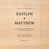 ミニマルなブラックタイポグラフィとハート結婚ズ アクリル招待状 (正面)