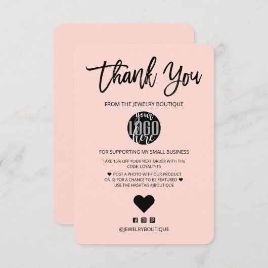 ミニマルなブラックピンクロゴお客様ありがとうございます サンキューカード (正面/裏面)