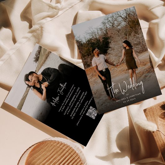 ミニマルなブラックフォトスクリプトQRコード結婚の 招待状