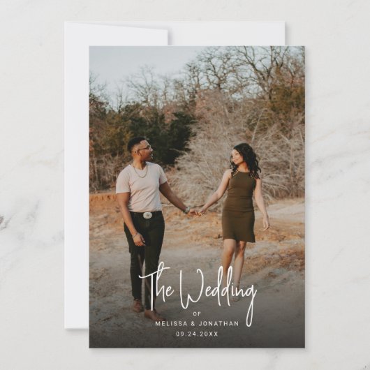 ミニマルなブラックフォトスクリプトQRコード結婚の 招待状 (正面)