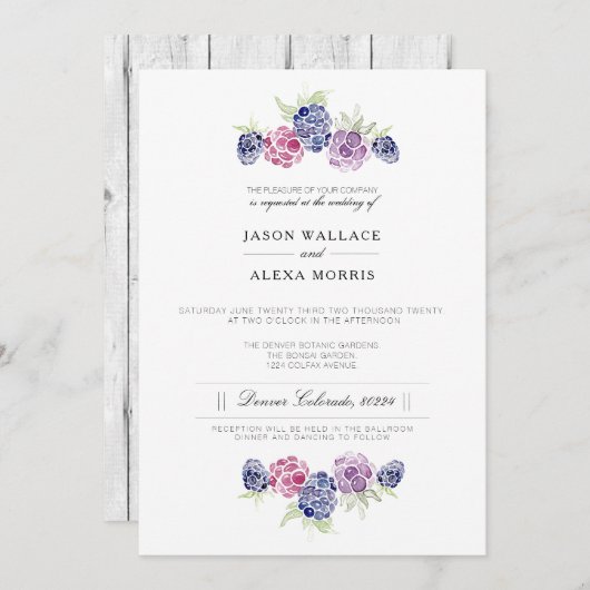 ミニマルなブラックベリーの水色 |エレガントな結婚式 招待状 (正面/裏面)