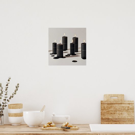 ミニマルなブラックラインのロウソクと小さな炎 ポスター (キッチン)