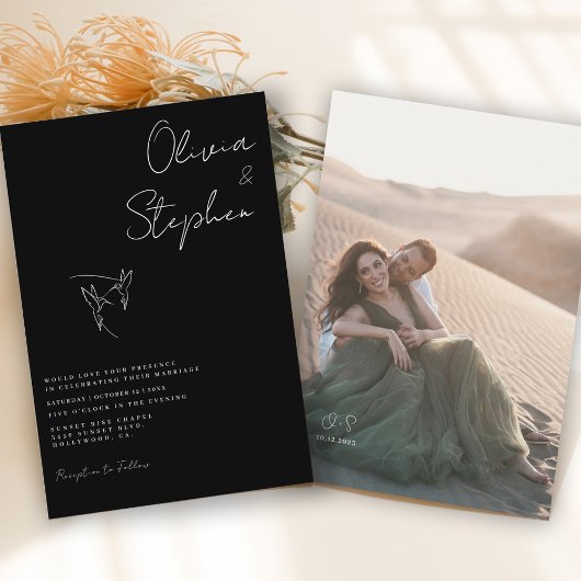 ミニマルなブラックロマンチック結婚写真 招待状